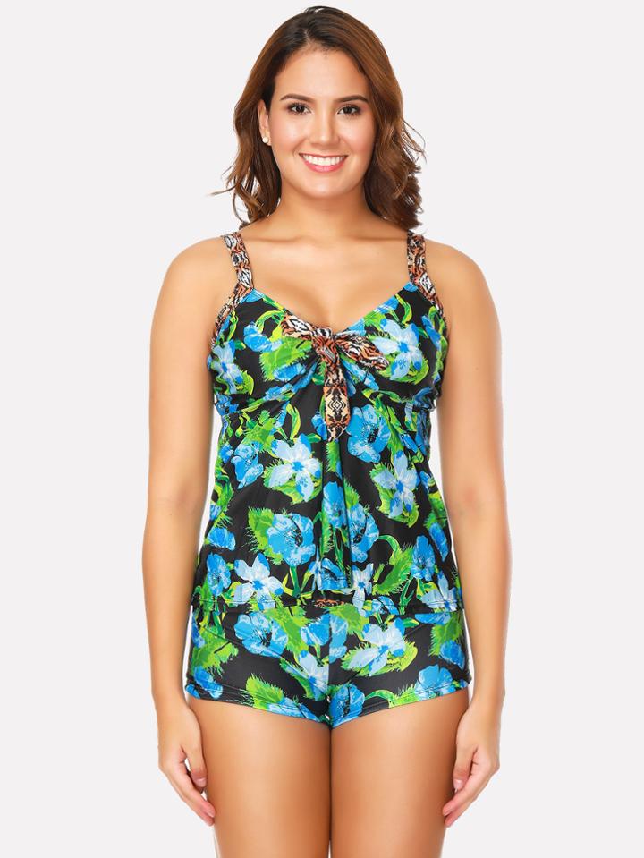 Romwe Flower Print Knot Front Tankini Set
