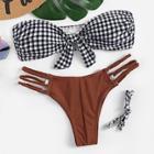 Romwe Random Gingham Knot Front With Braided Detail Bikini Set