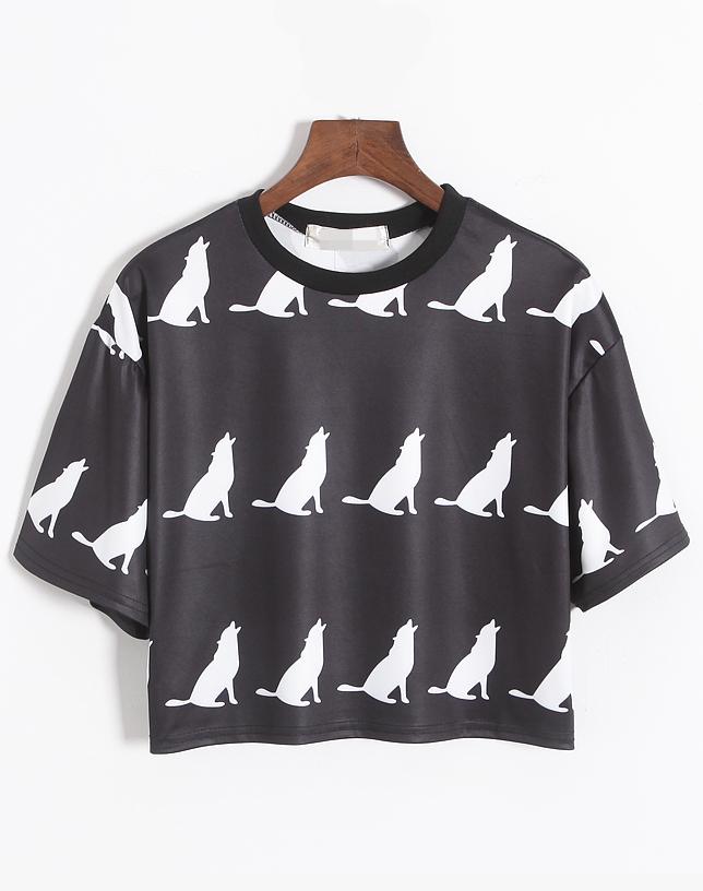 Romwe Wolf Print Crop Black T-shirt