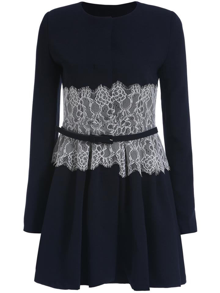 Romwe Long Sleeve Contrast Lace With Belt Navy Dress
