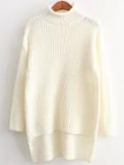 Romwe Turtleneck Dip Hem White Sweater