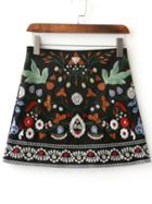 Romwe Black Flower Embroidery Mini Skirt