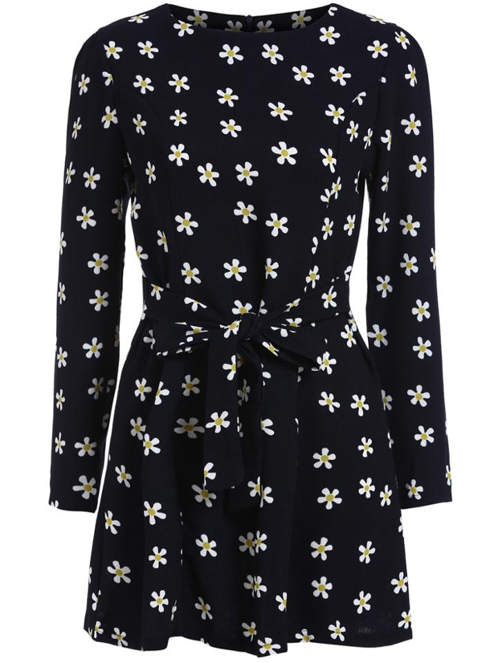 Romwe Round Neck Floral Tie-waist Dress