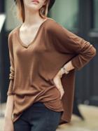 Romwe V Neck Loose Camel T-shirt