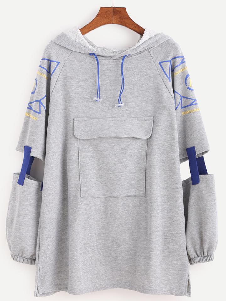 Romwe Printed Cut Out Sleeve Drawstring Hooded Pocket Sweatshirt