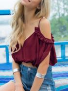 Romwe Burgundy Deep V Neck Ruffle Cold Shoulder Blouse