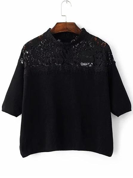Romwe Black Band Collar Lace Trim Knitwear