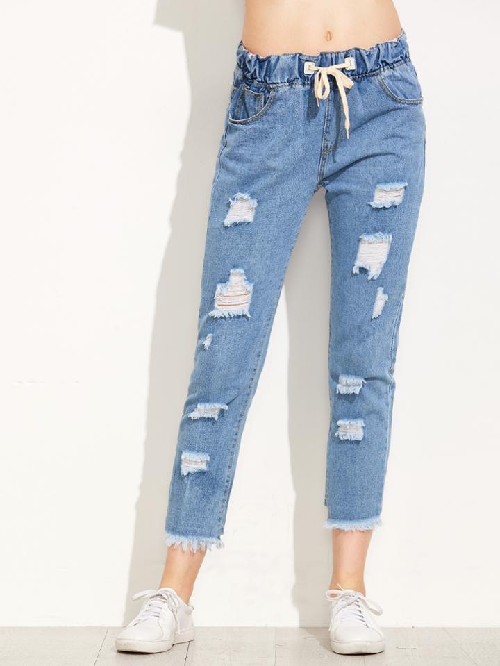 Romwe Blue Drawstring Waist Raw Hem Jeans