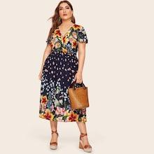 Romwe Plus Surplice Front Floral Print Dress