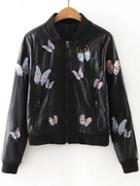 Romwe Black Butterfly Embroidery Zipper Up Pu Jacket