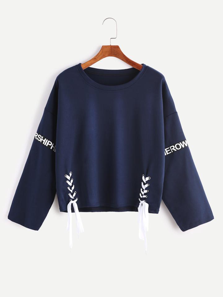 Romwe Navy Letter Print Drop Shoulder Lace Up T-shirt