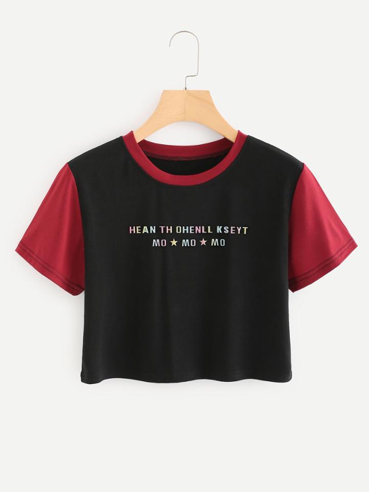 Romwe Contrast Sleeve Slogan Print Crop Tee
