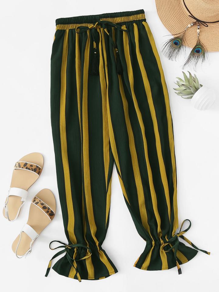 Romwe Fluted Hem Striped Drawstring Pants