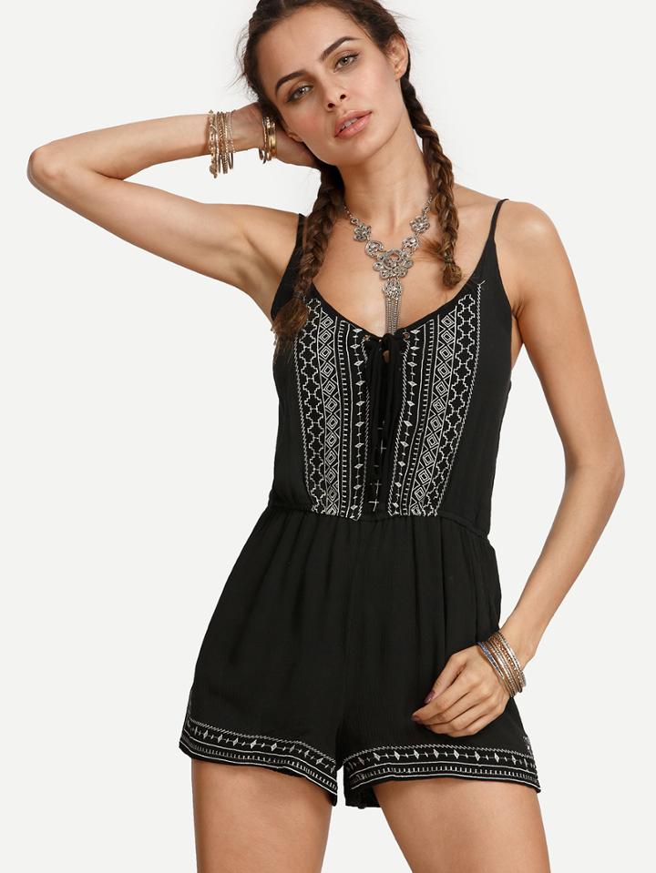 Romwe Black Tie Neck Embroidered Cami Romper