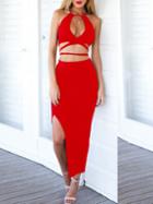 Romwe Plunge Halter Neck Top With Long Skirt - Red