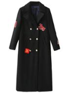 Romwe Black Patch Embroidery Double Breasted Long Coat
