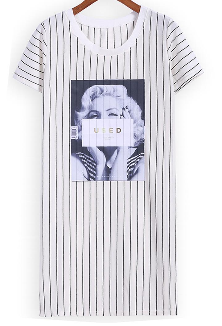 Romwe Vertical Striped Monroe Print White T-shirt