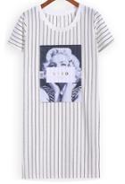 Romwe Vertical Striped Monroe Print White T-shirt
