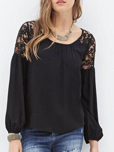 Romwe Puff Sleeve Lace Insert Chiffon Top