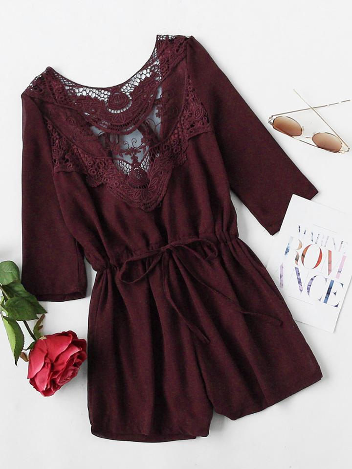 Romwe Heather Burgundy Crochet Lace Insert Back Tie Romper