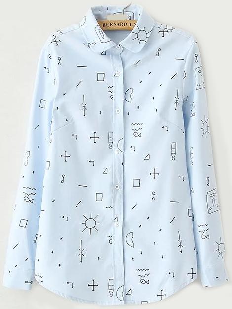Romwe Graffiti Print Blue Blouse