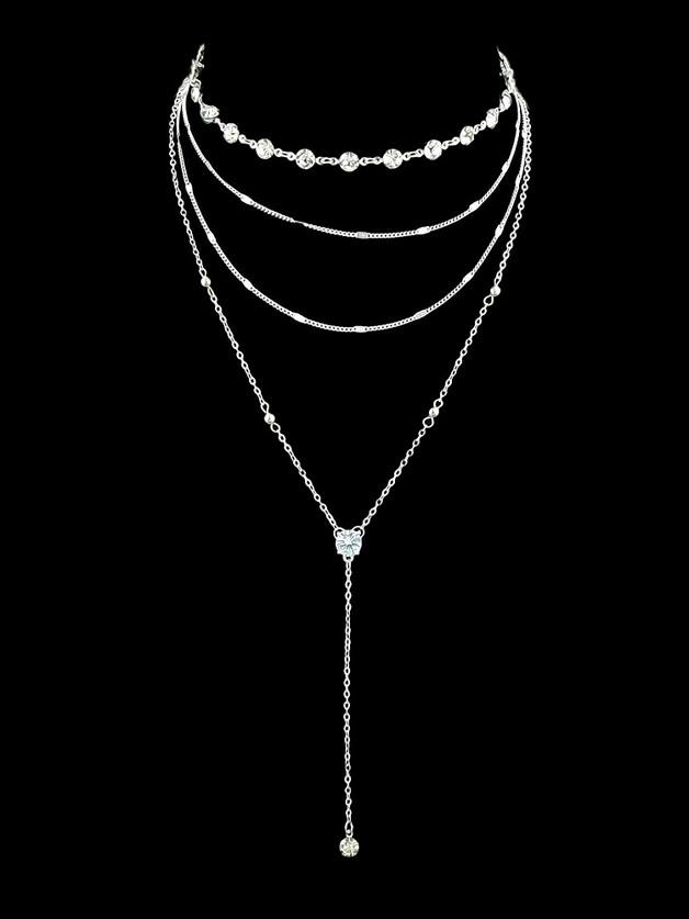 Romwe Silver Simple Diamond Pendant Multi-layer Necklace