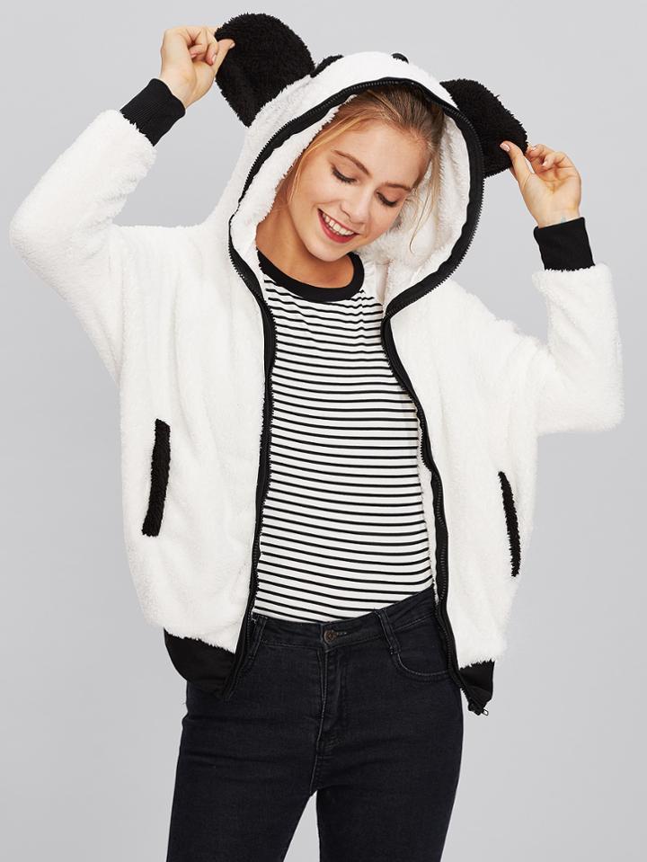 Romwe Contrast Trim Zip Up Hooded Panda Jacket