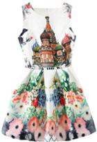 Romwe Sleeveless Castle Print Flare Dress