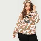 Romwe Plus Letter Print Camo Hoodie