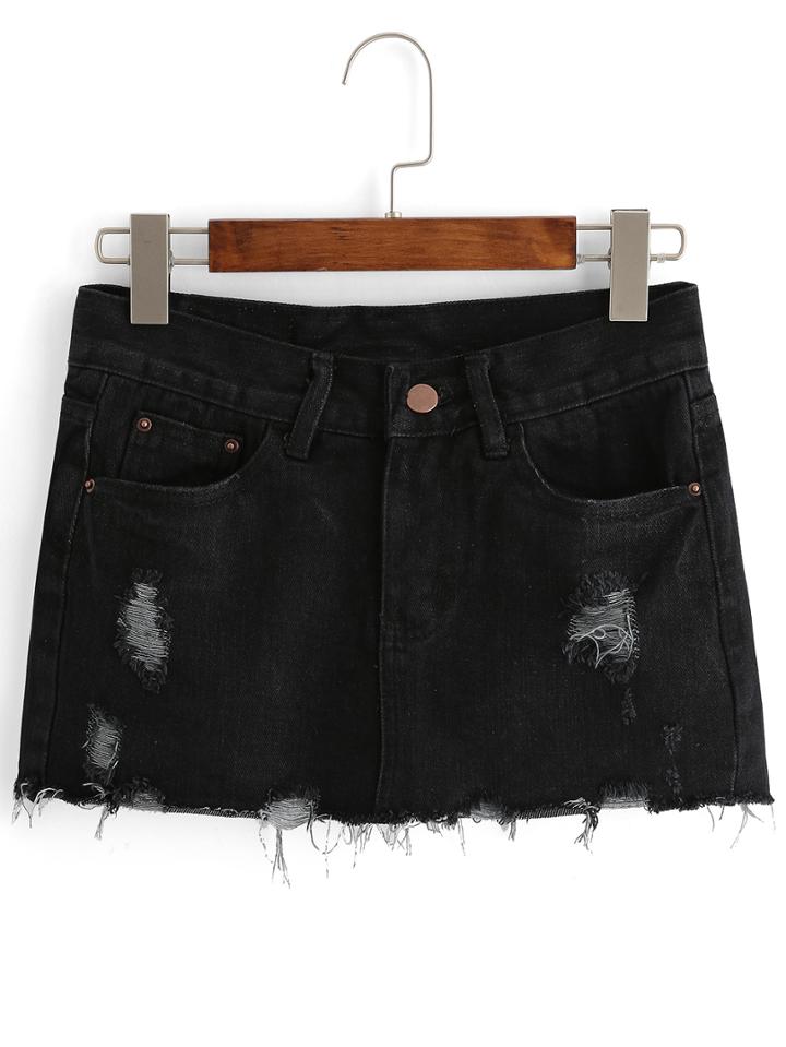 Romwe Ripped Denim Crop Black Shorts