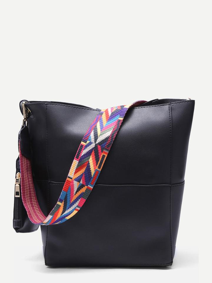 Romwe Black Patchwork Leather Wide Strap Bucket Bag With Purse