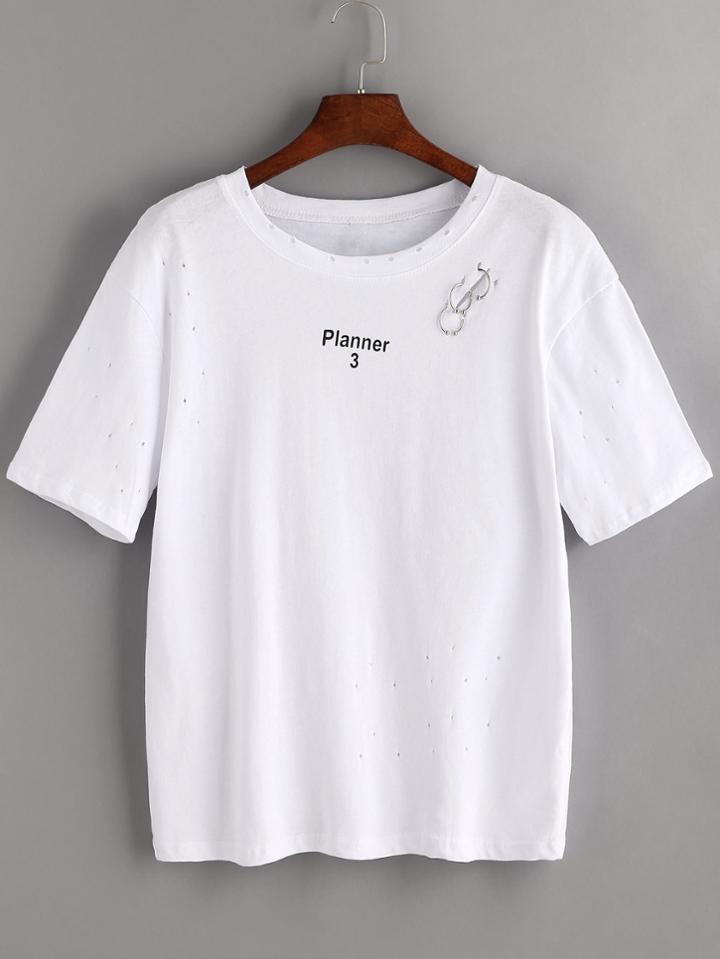 Romwe Graphic Print Ring Detail Frayed Tee