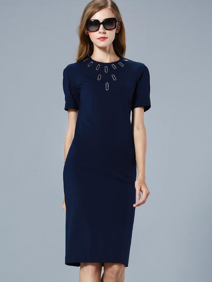 Romwe Navy Round Neck Short Sleeve Bodycon Dress