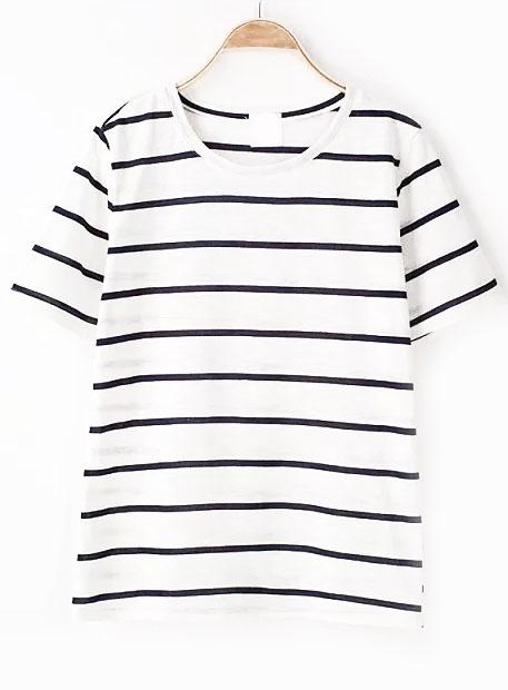 Romwe Striped Loose Navy T-shirt