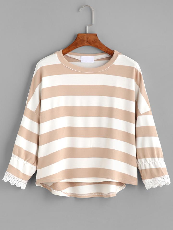 Romwe Striped Drop Shoulder High Low T-shirt