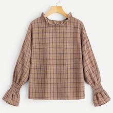 Romwe Plaid Print Flounce Sleeve Ruffle Trim Blouse