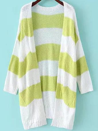 Romwe Striped Open-knit Green Cardigan