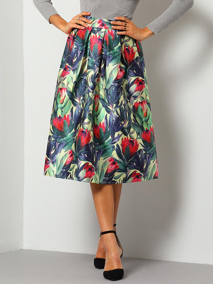 Romwe Women Florals Flare Skirt