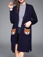Romwe Navy Bears Embroidered Pockets Coat