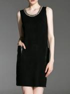 Romwe Black Beading Contrast Pu Pockets Dress