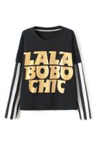 Romwe Golden Letters Print Striped Sweatshirt