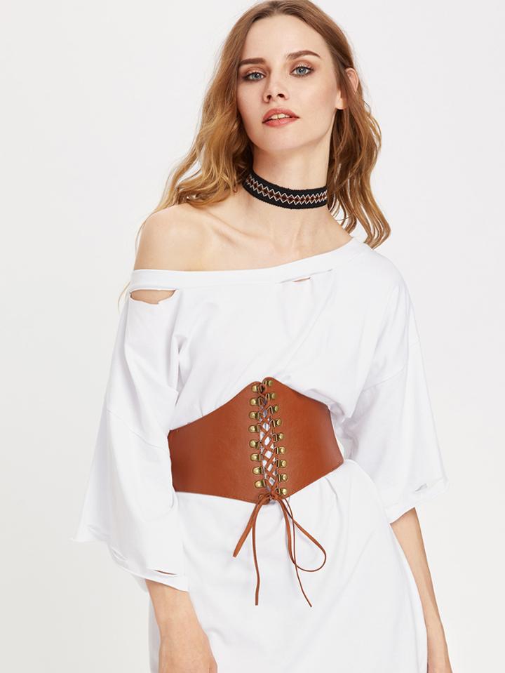 Romwe Metal Detail Lace Up Corset Belt