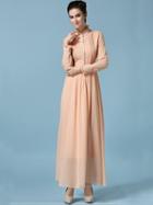 Romwe Apricot Stand Collar With Buttons Chiffon Dress