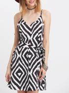Romwe Black White Geometric Print Tie-waist Spaghetti Strap Dress