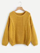 Romwe Drop Shoulder Hollow Cable Knit Sweater