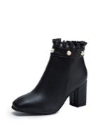 Romwe Frill Trim Faux Pearl Block Heeled Ankle Boots