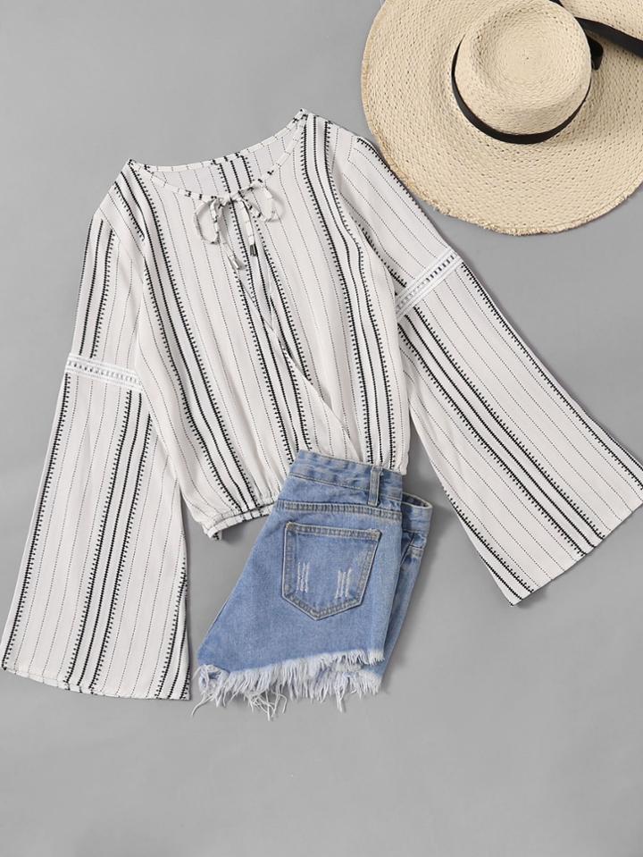 Romwe Vertical Striped Self Tie Neck Lace Trim Blouse