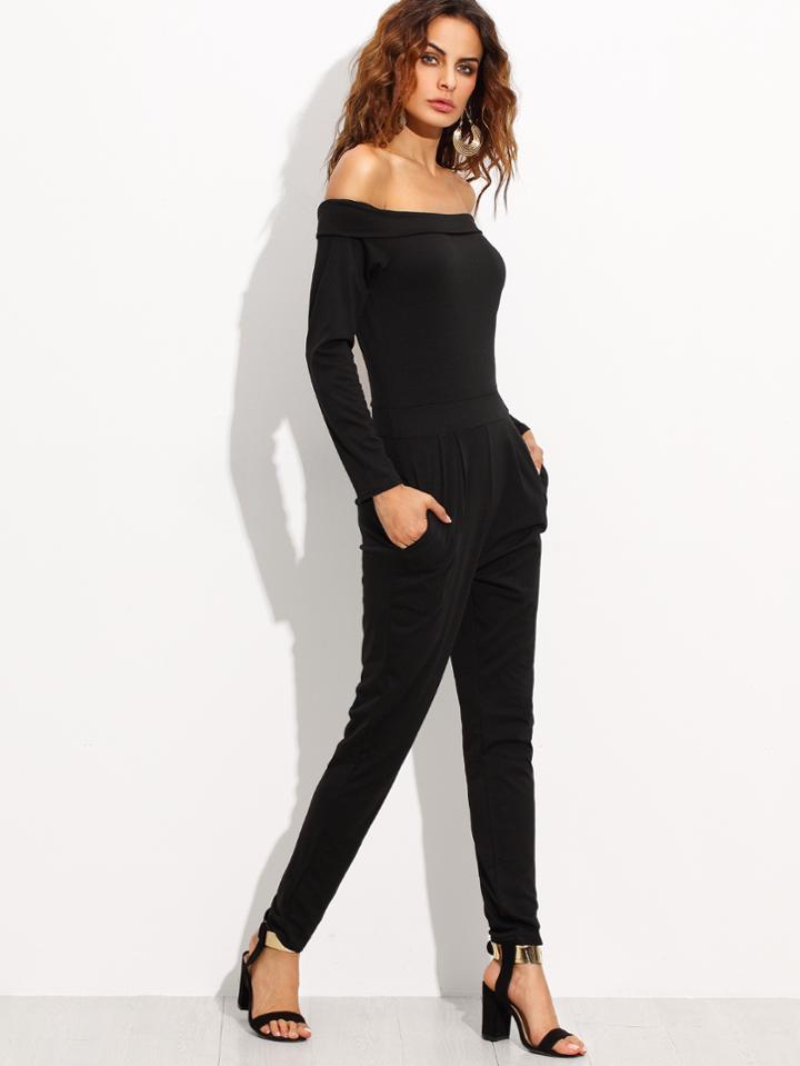 Romwe Black Off The Shoulder Peg Jumpsuit