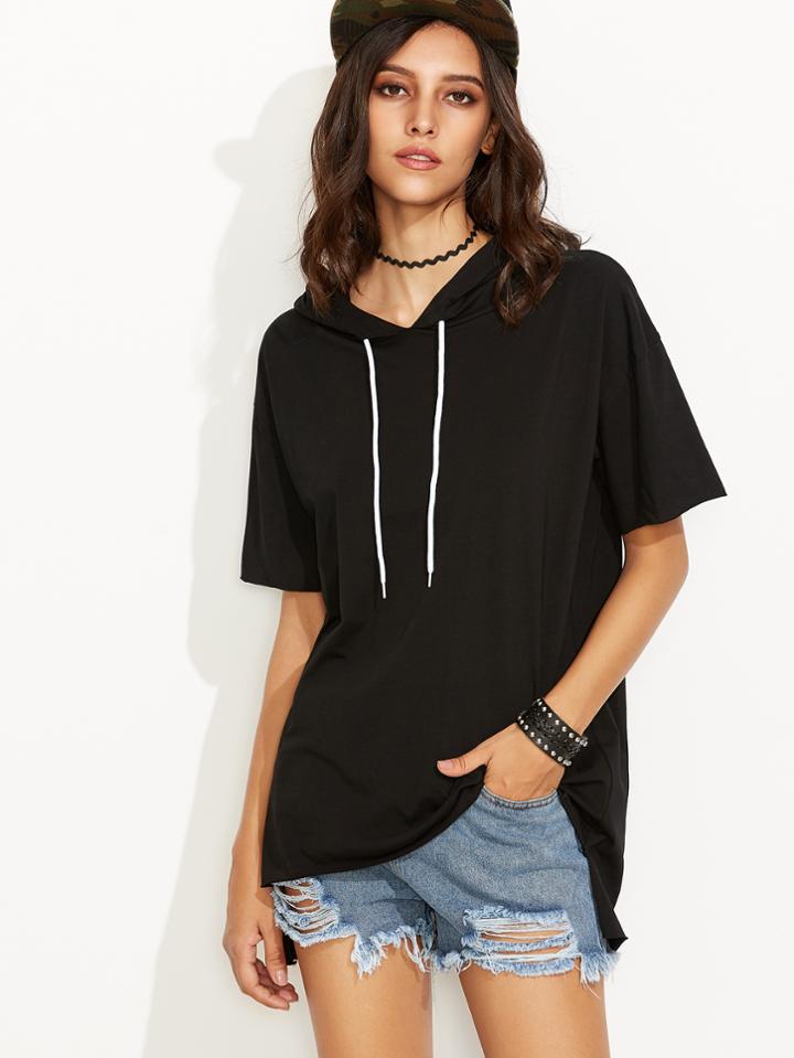 Romwe Black Drawstring Hooded Dip Hem T-shirt