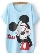 Romwe Dip Hem Lips Mickey Print Blue T-shirt